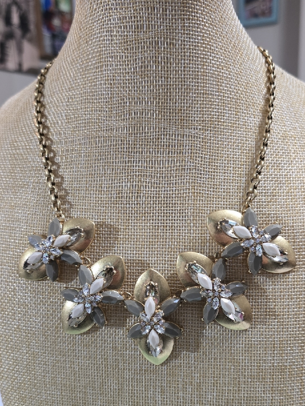 J. Crew Crystal Flower Matte Gold Statement Necklace